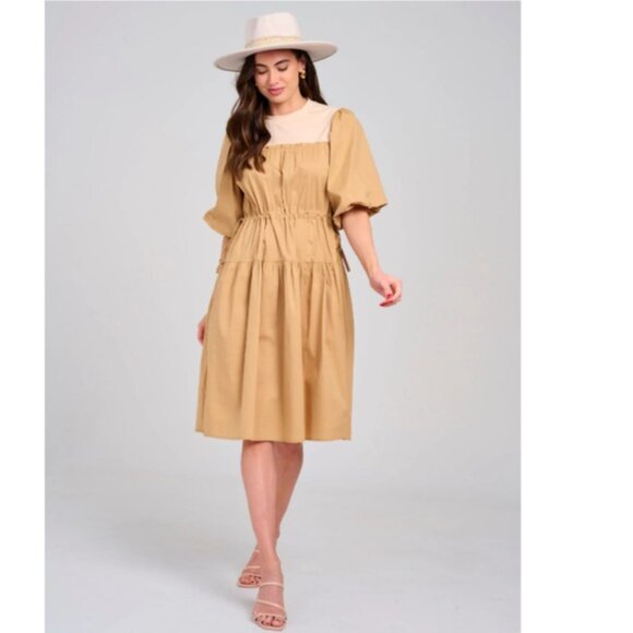 MDM Lux Dresses & Skirts - Short Puff Sleeve Adjustable Waist ColorBlockMidi Dress